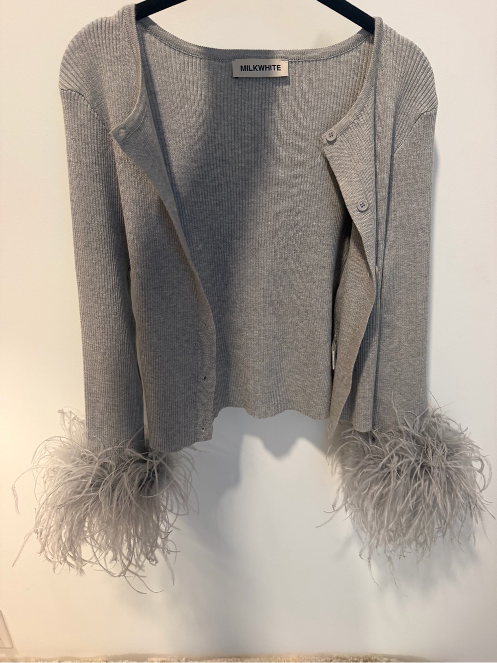 MILKWHITE Feather-Trim Ribbed Cardigan Sweater in Light Gray